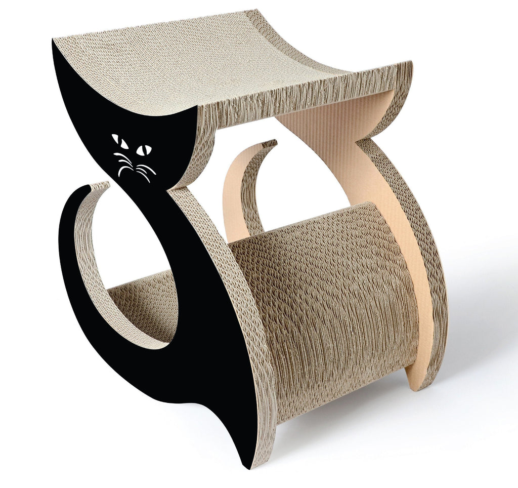 Black and beige cat scratcher lounger with cat-face design and curved corrugated base
