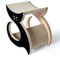 Black and beige cat scratcher lounger with cat-face design and curved corrugated base