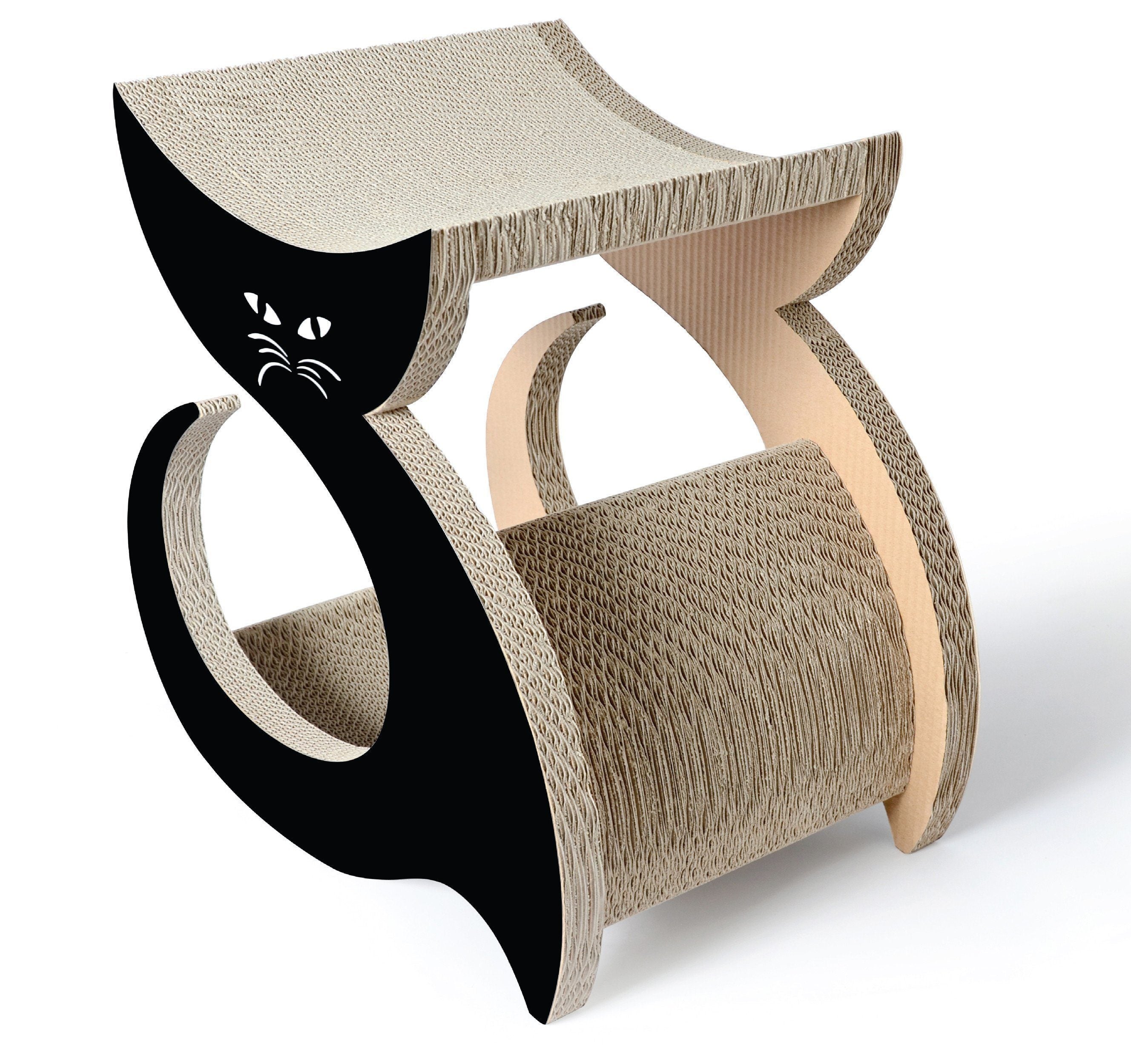 Black and beige cat scratcher lounger with cat-face design and curved corrugated base