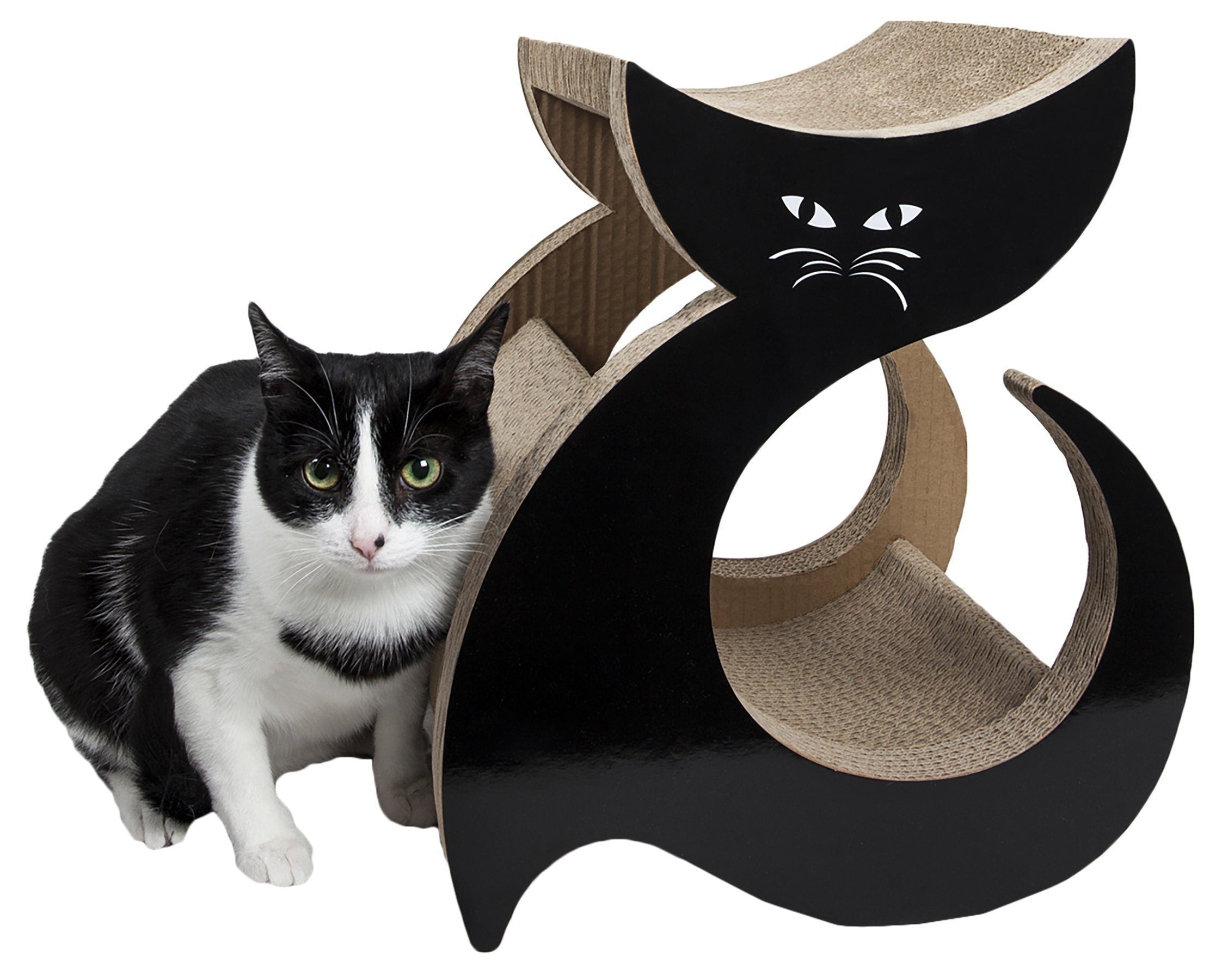 Black and tan cat scratcher lounger with cat face cutout; kitten seated on curved perch