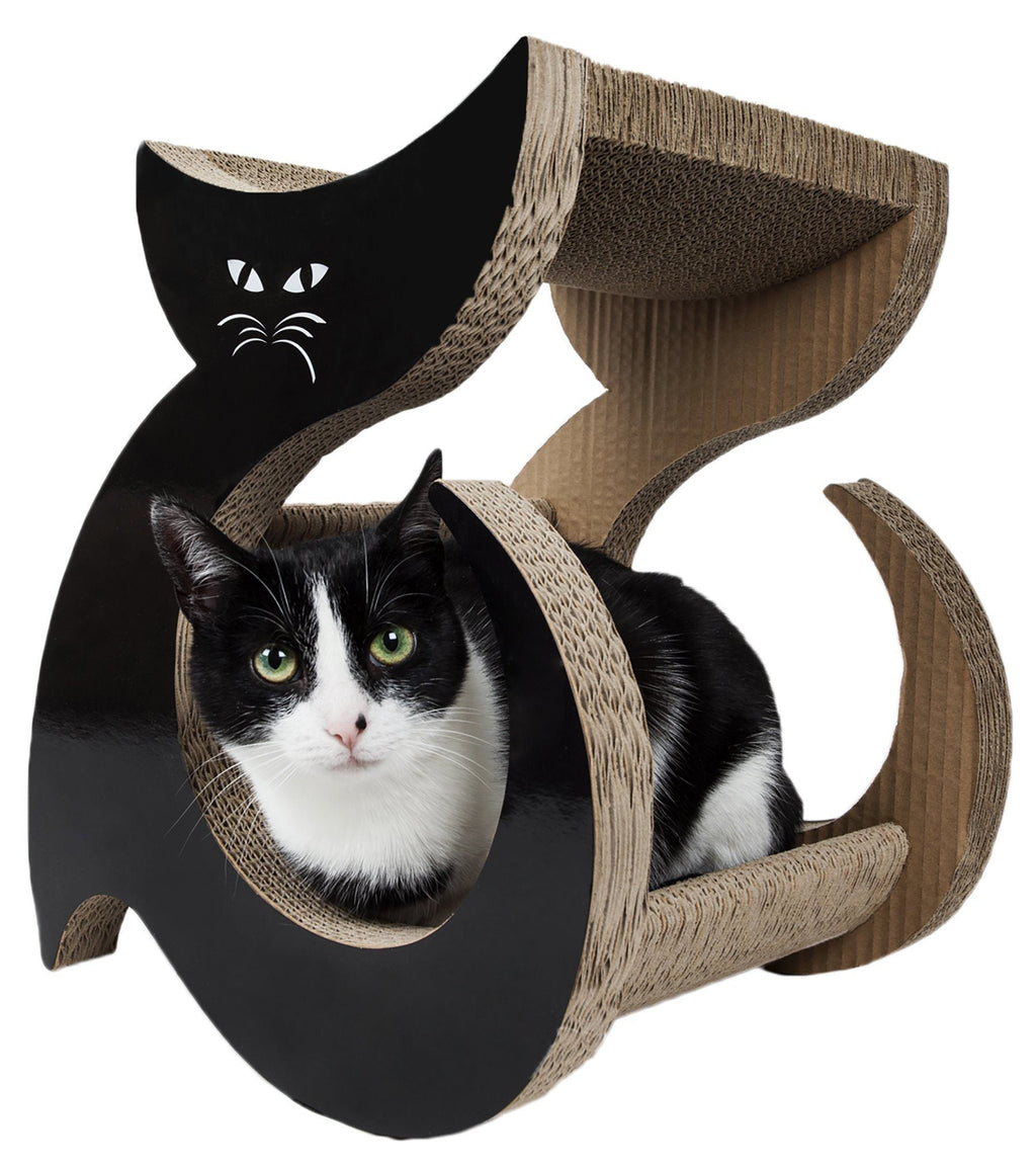 Black cat scratcher lounger with cat graphic, beige corrugated scratch surface; cat resting