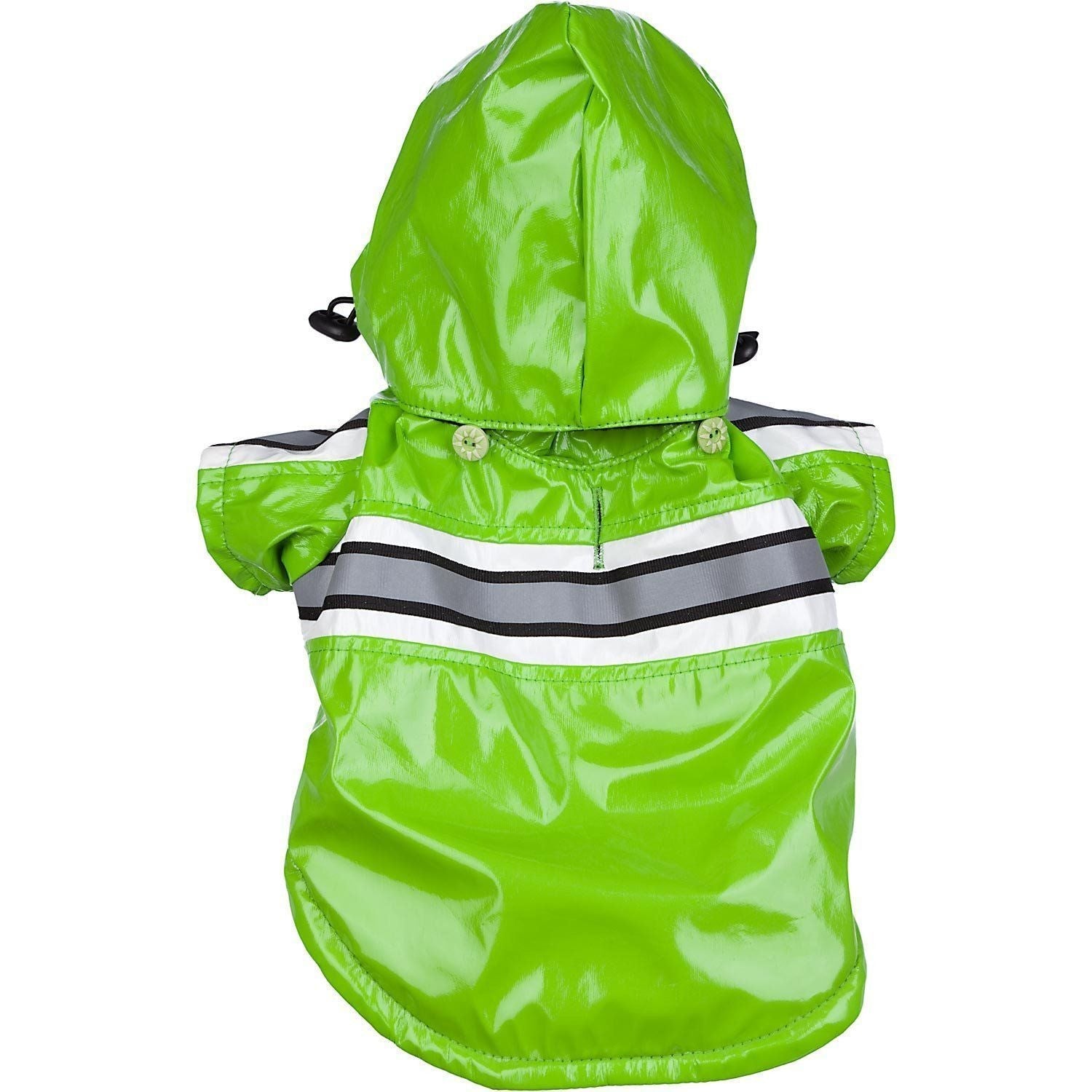 Green reflective dog raincoat back view with hood and black stripe reflector bands