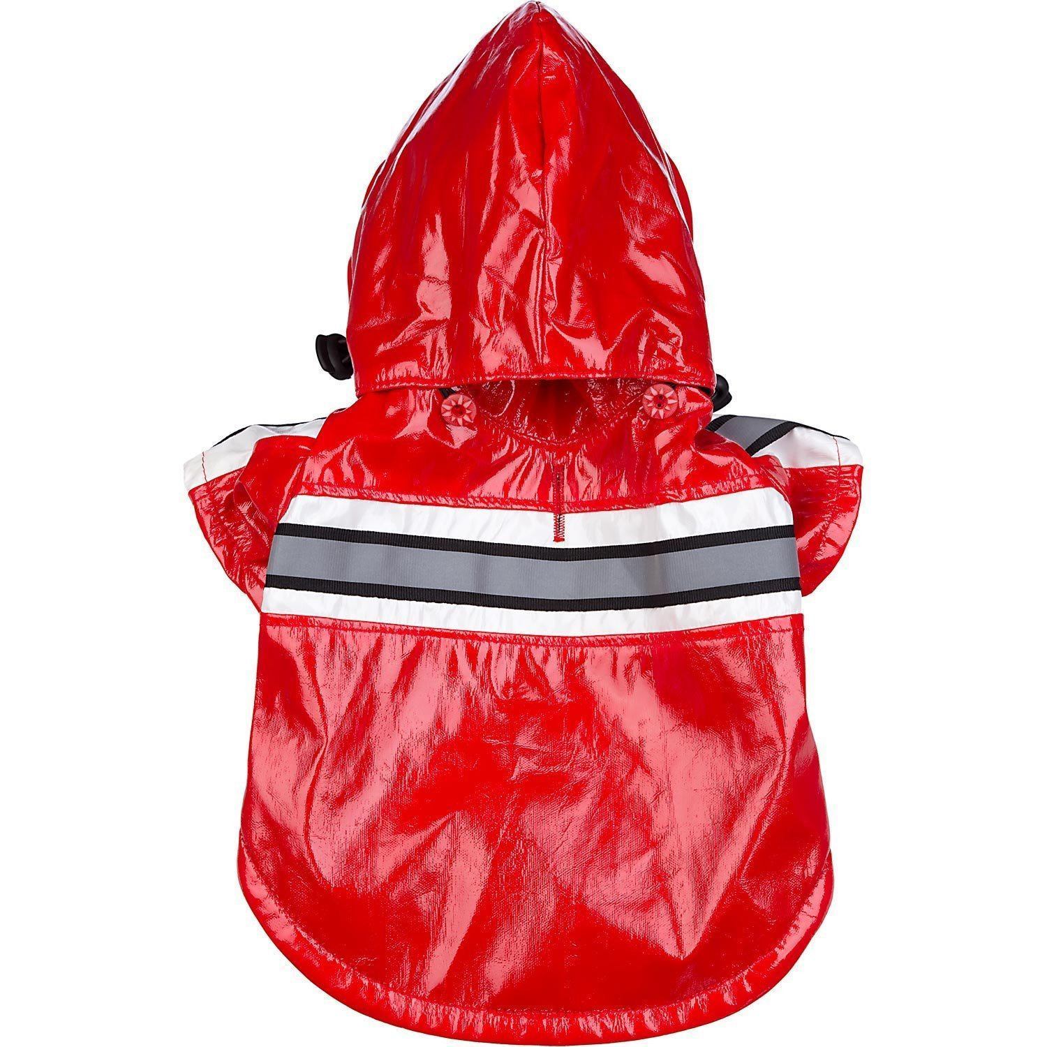 Red reflective raincoat for dogs, hooded back view with black stripe reflector