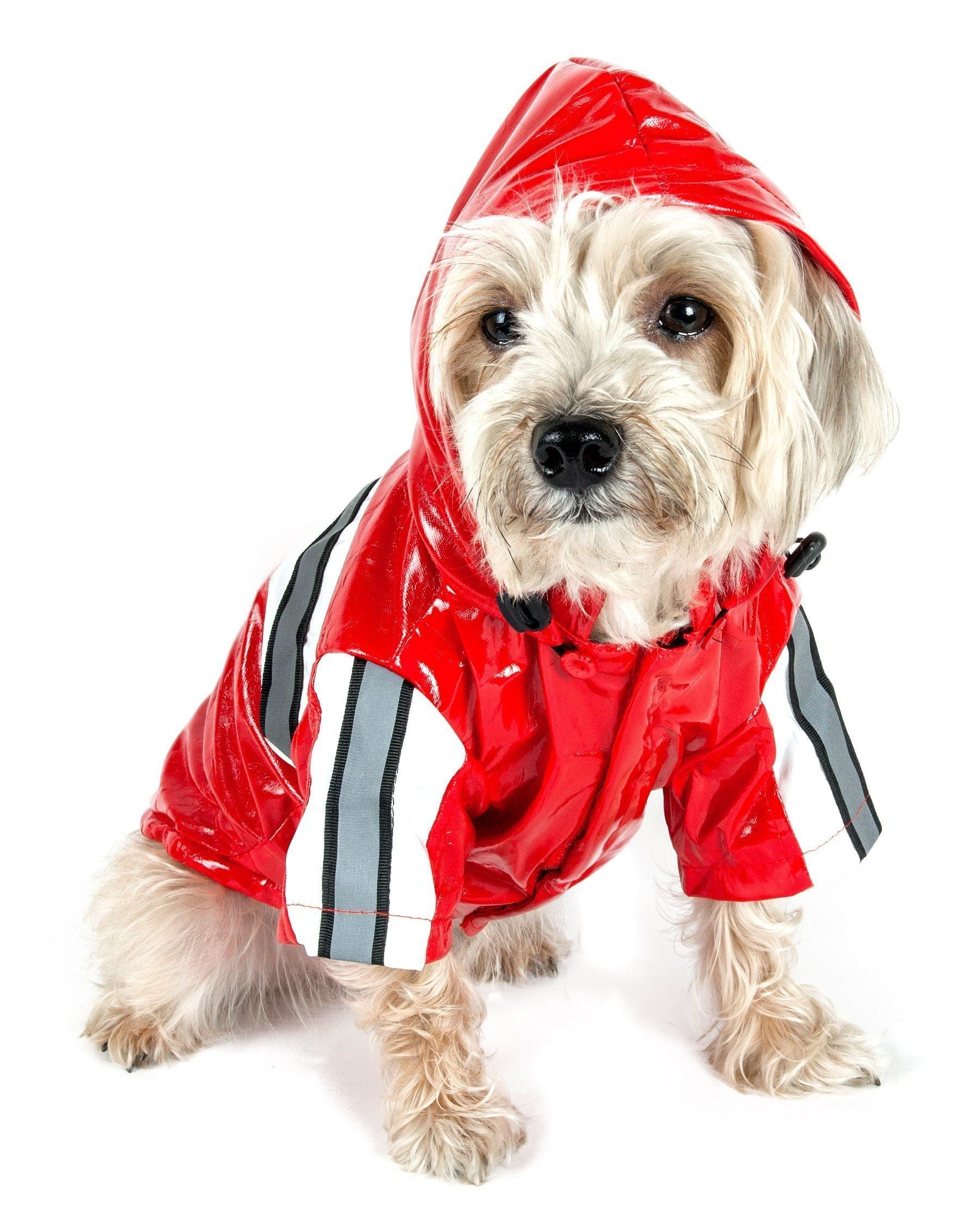 Red reflective dog rain jacket with attached hood, black-and-white stripe panels