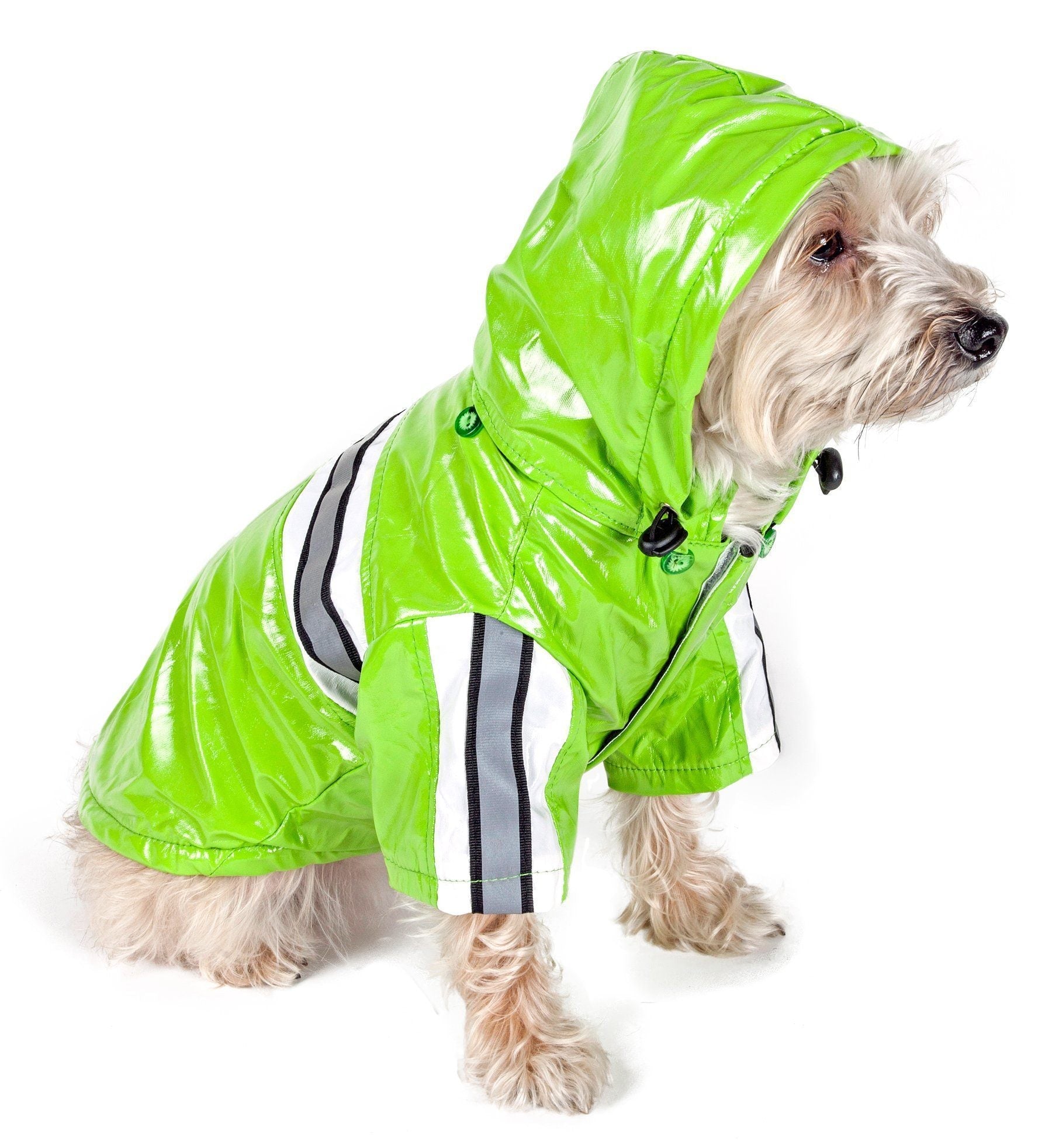 Green reflective waterproof dog raincoat with hood and black-and-white stripe panels