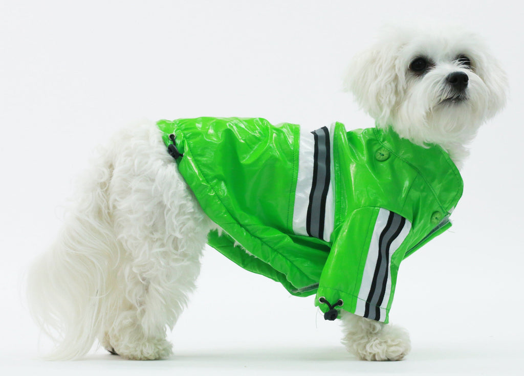 Green reflective waterproof dog raincoat with removable hood and black stripe bands