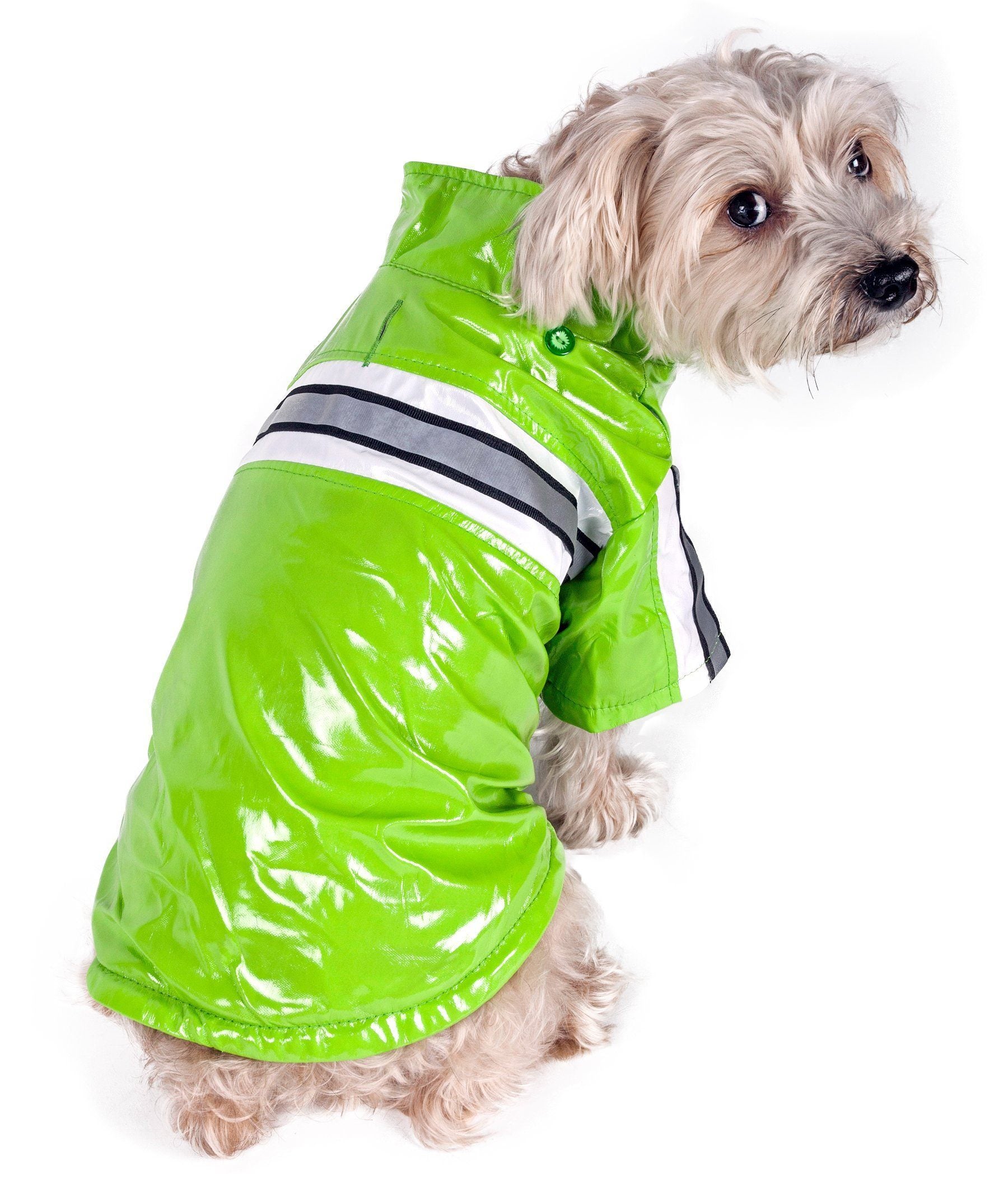 Green reflective waterproof dog raincoat, hooded side view with black-and-white stripes