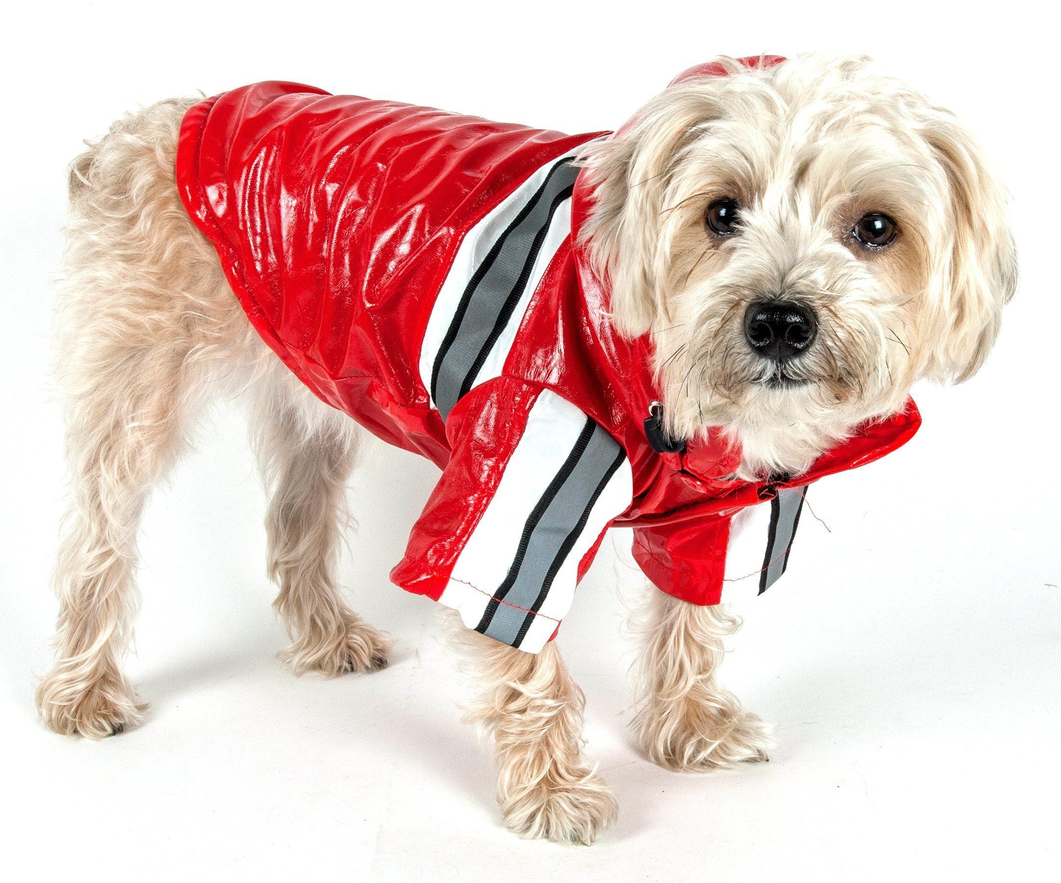 Red reflective waterproof dog raincoat with removable hood and black stripe bands