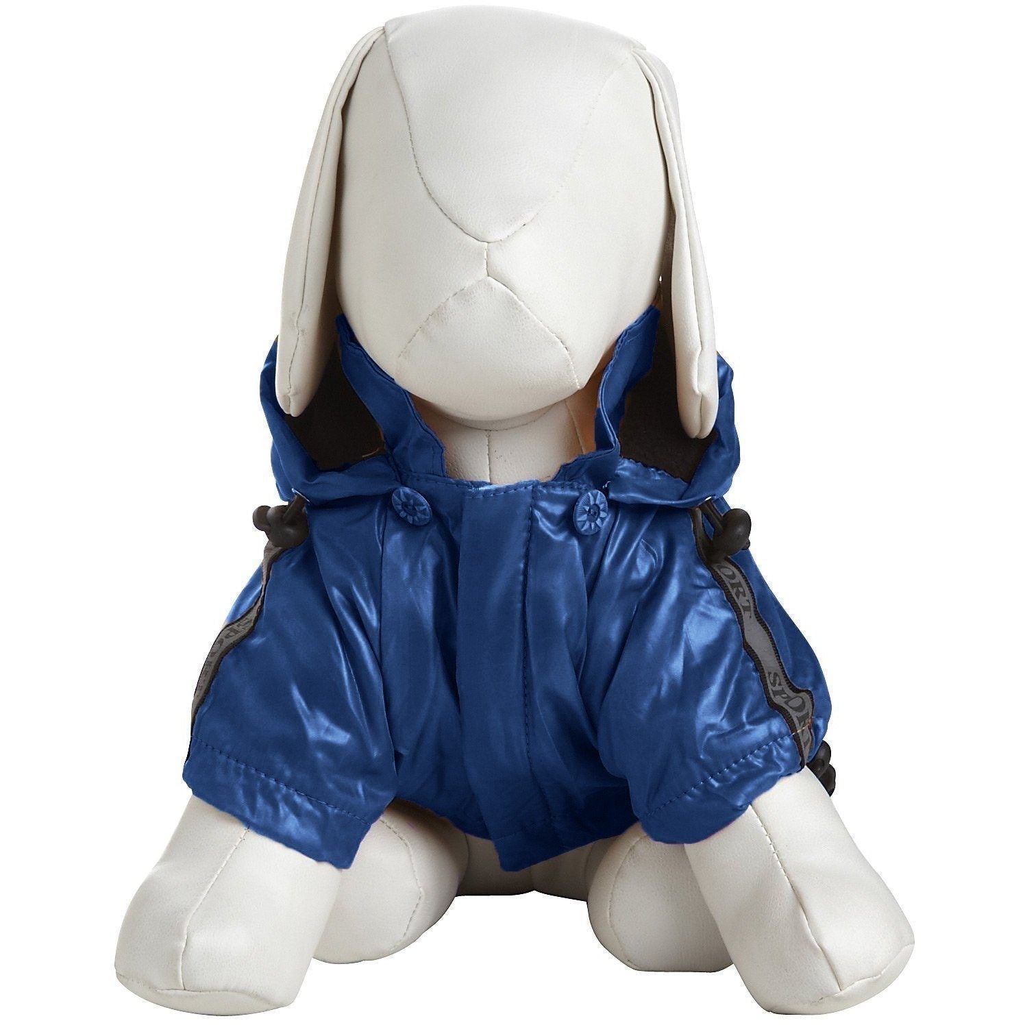 Blue dog raincoat with hood up and adjustable side fasteners