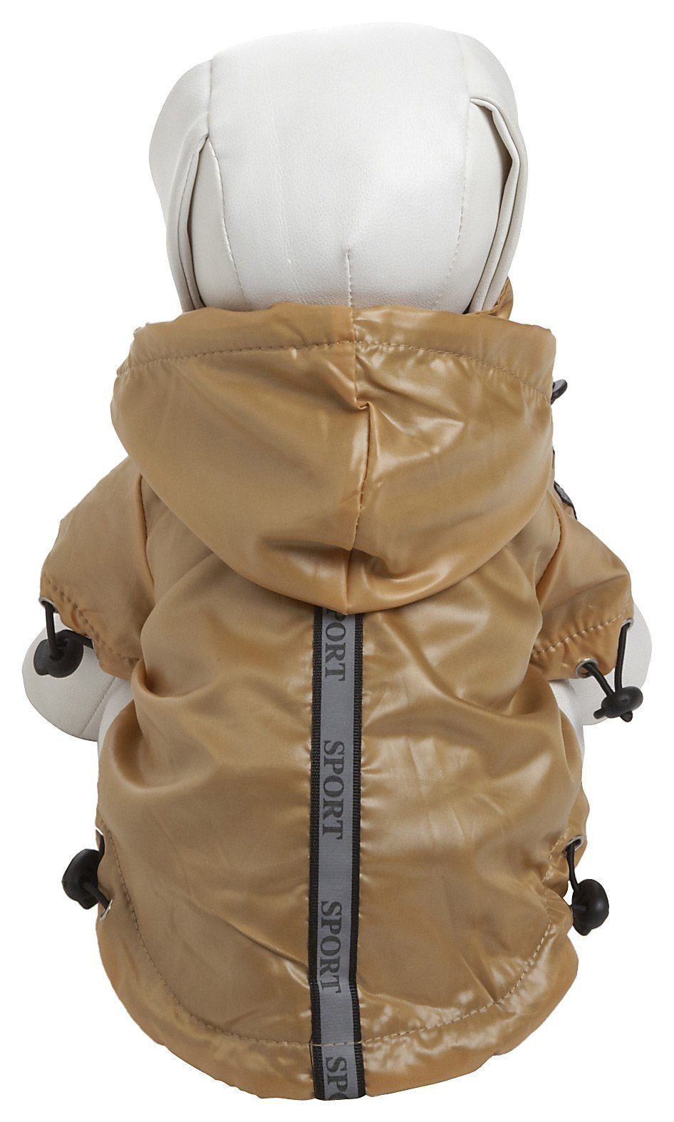 Mustard yellow dog raincoat with hood and reflective center stripe, cord toggles