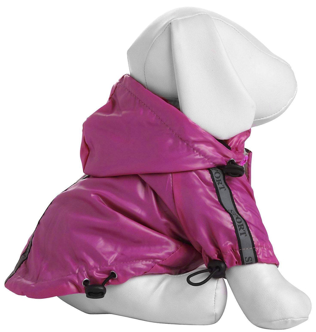 Hot pink dog raincoat on mannequin with removable hood and adjustable belly straps