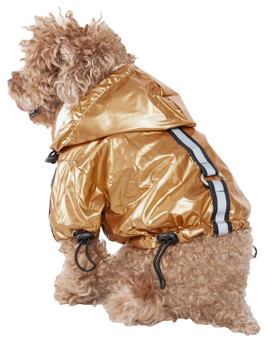 Mustard-yellow dog raincoat, side view, removable hood and hook-and-loop straps