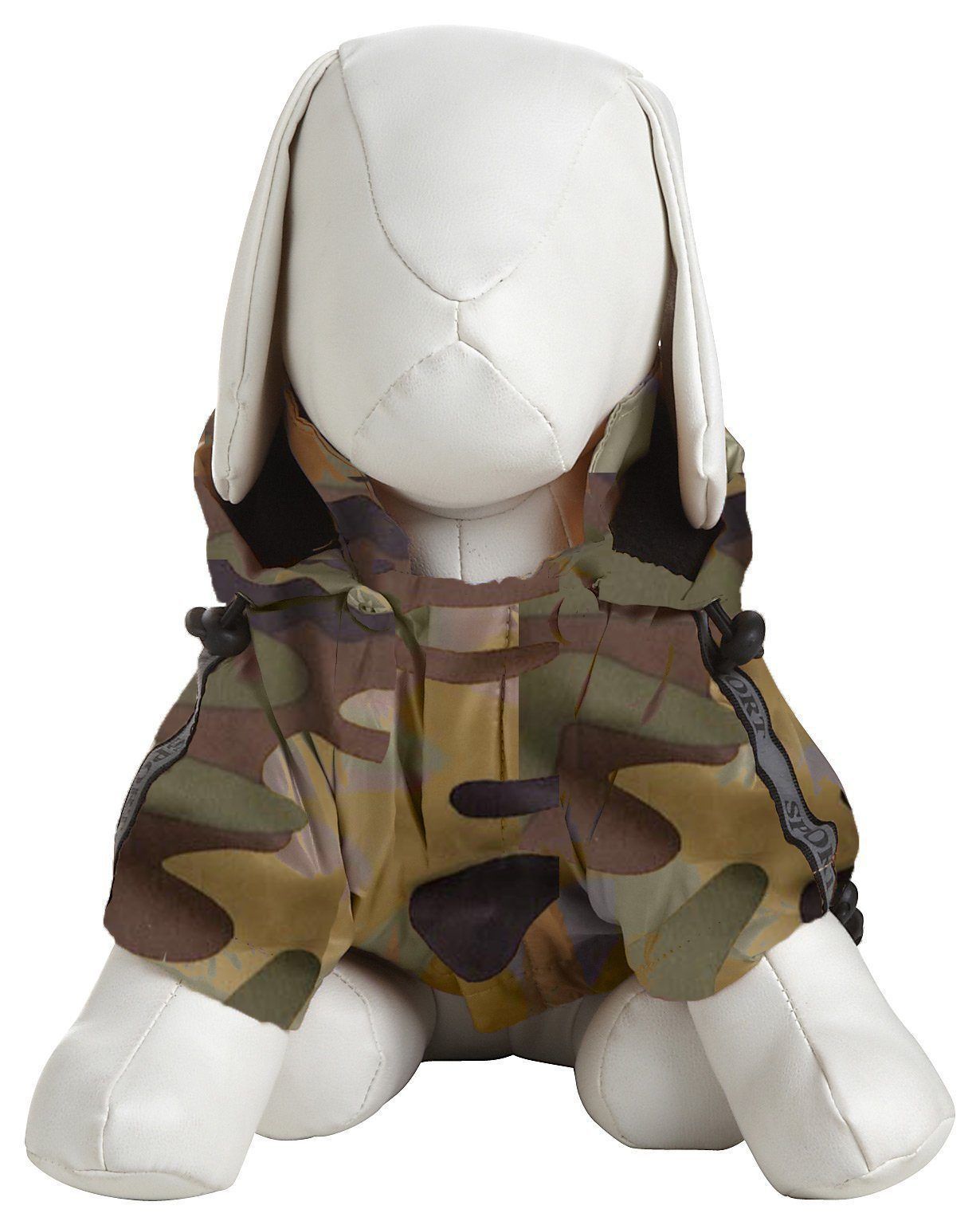 Forest camouflage dog raincoat with removable hood and reflective center stripe