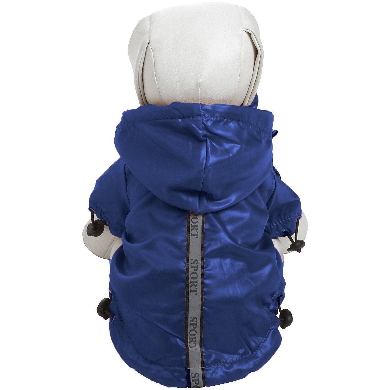 Back view: blue dog raincoat with removable hood and reflective vertical stripe