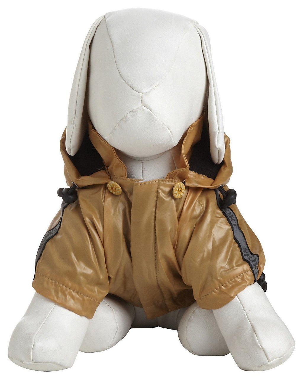 Mustard-yellow dog raincoat on mannequin with hood down and adjustable straps