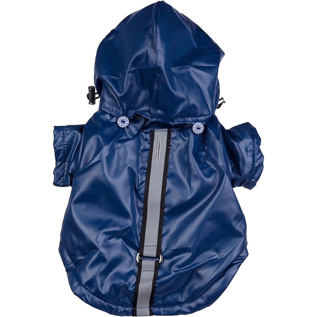 Back view blue reflective dog raincoat with vertical stripe and harness-style strap