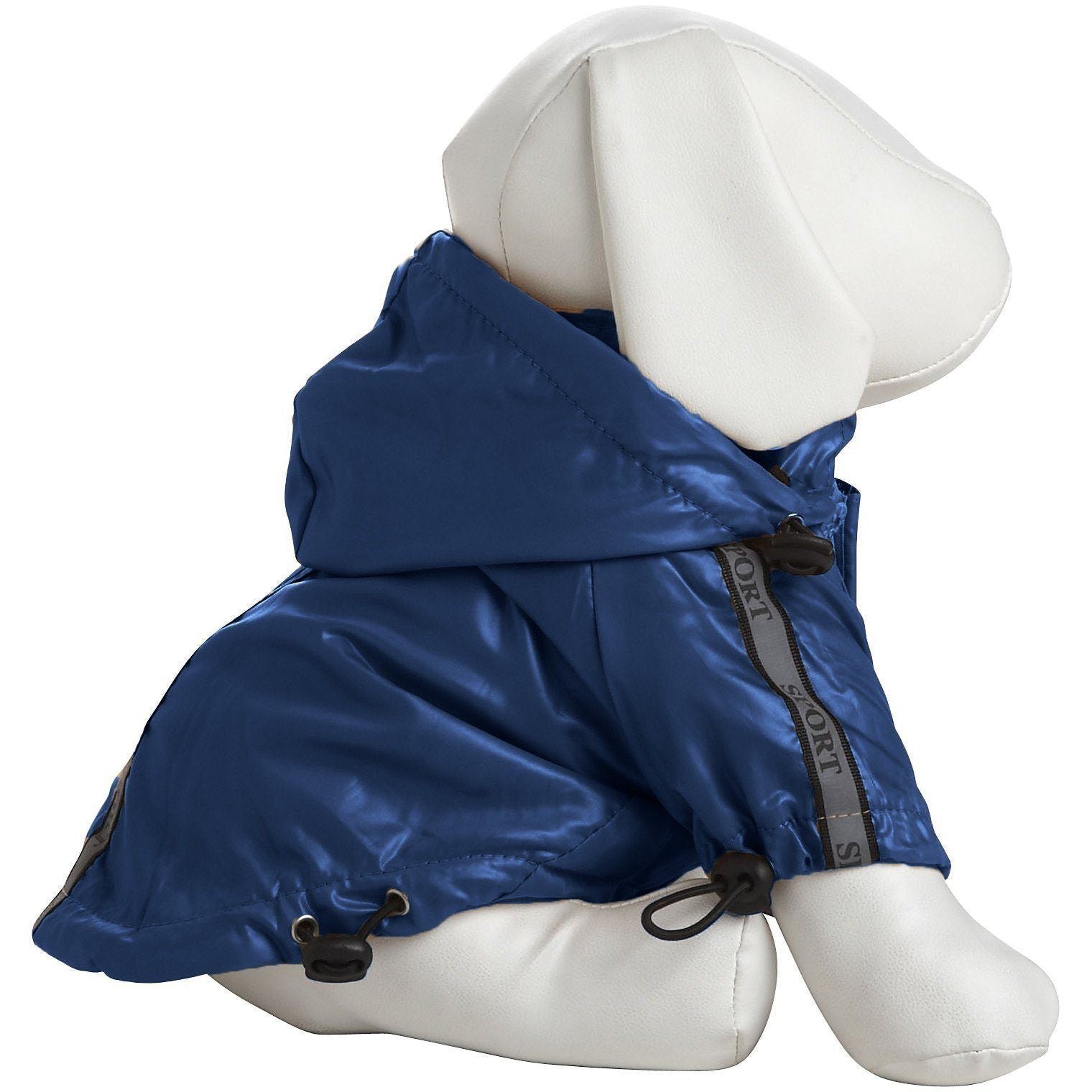 Navy blue dog raincoat with hood, snap sides and adjustable shoulder strap