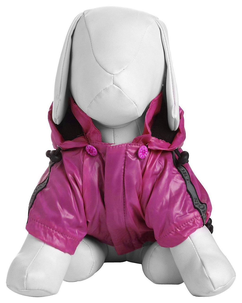 Hot pink dog raincoat on mannequin with hood down and adjustable belly straps