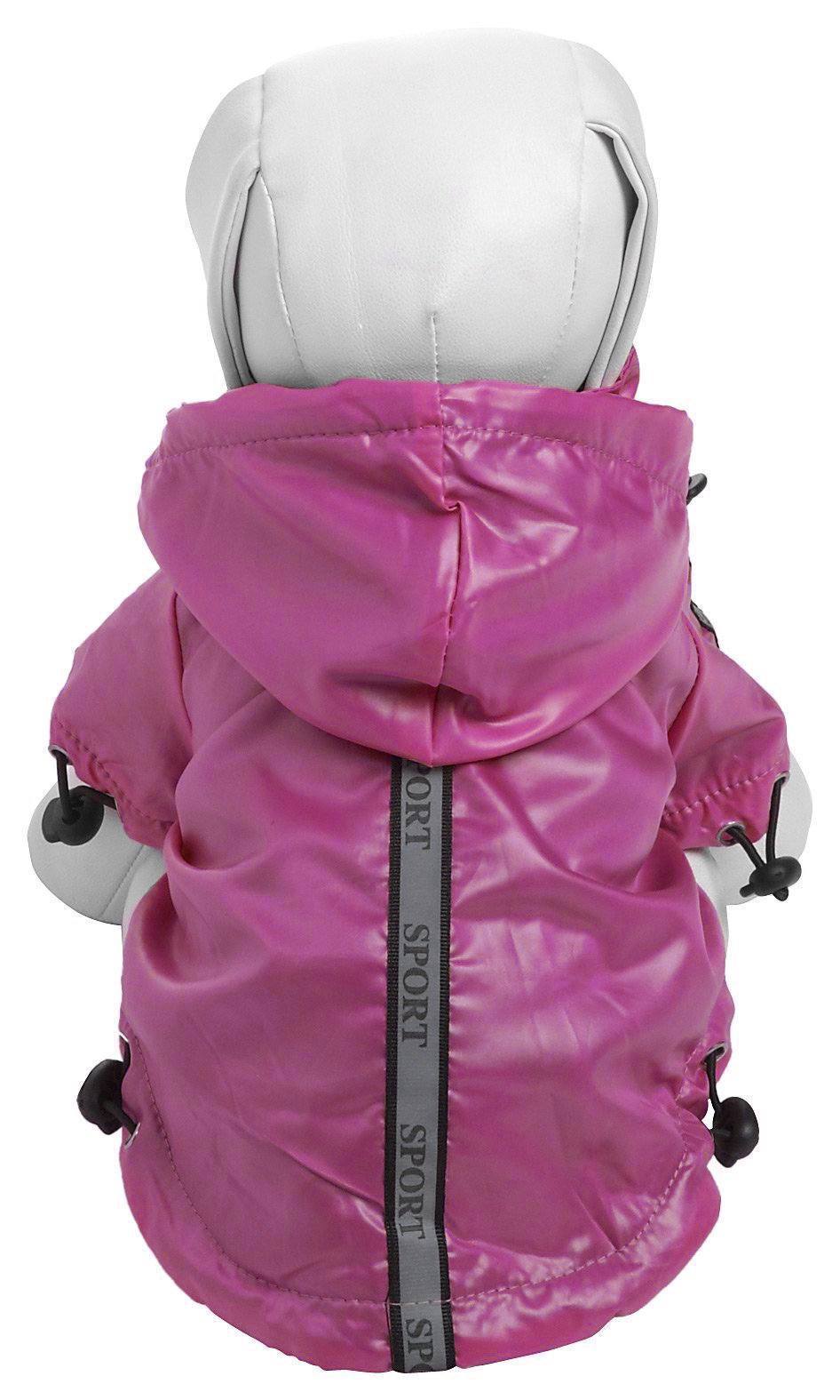 Hot pink dog raincoat with removable hood and reflective center stripe, side toggles