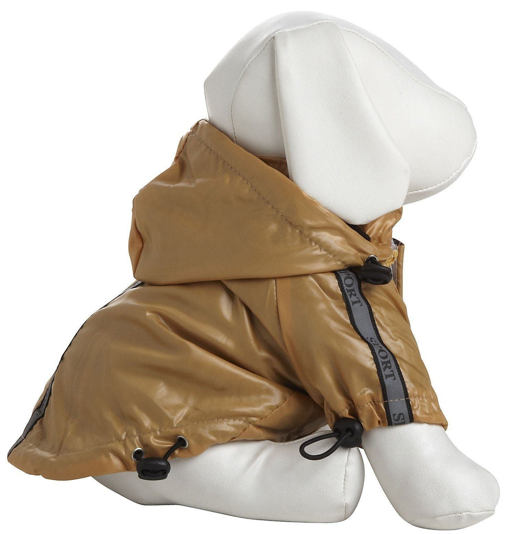 Mustard-yellow dog raincoat on mannequin with removable hood and drawcord toggles