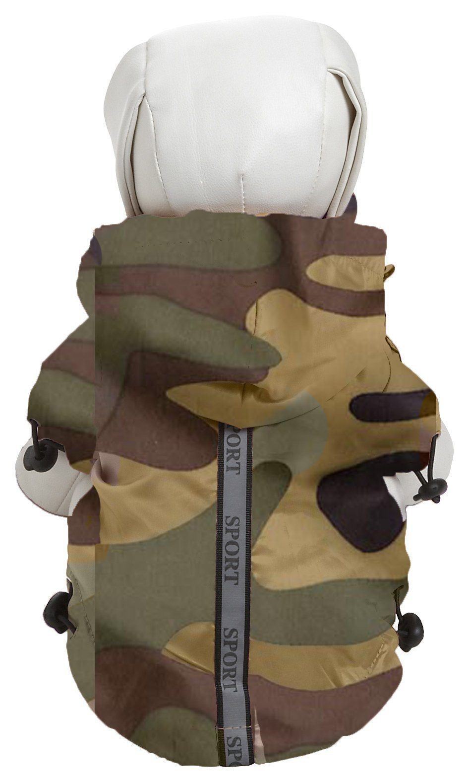 Forest camouflage dog raincoat with reflective center stripe and hood, adjustable shoulder tabs
