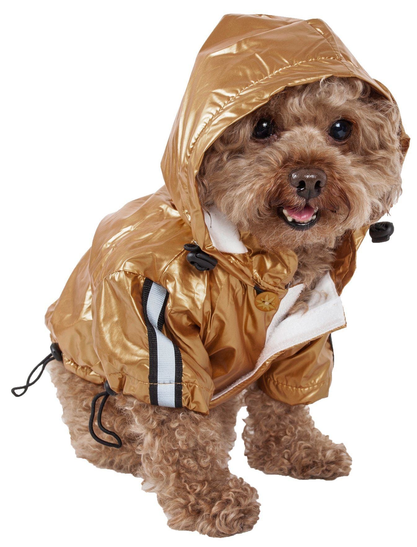 Mustard-yellow dog raincoat with removable hood, adjustable straps, and reflective trim