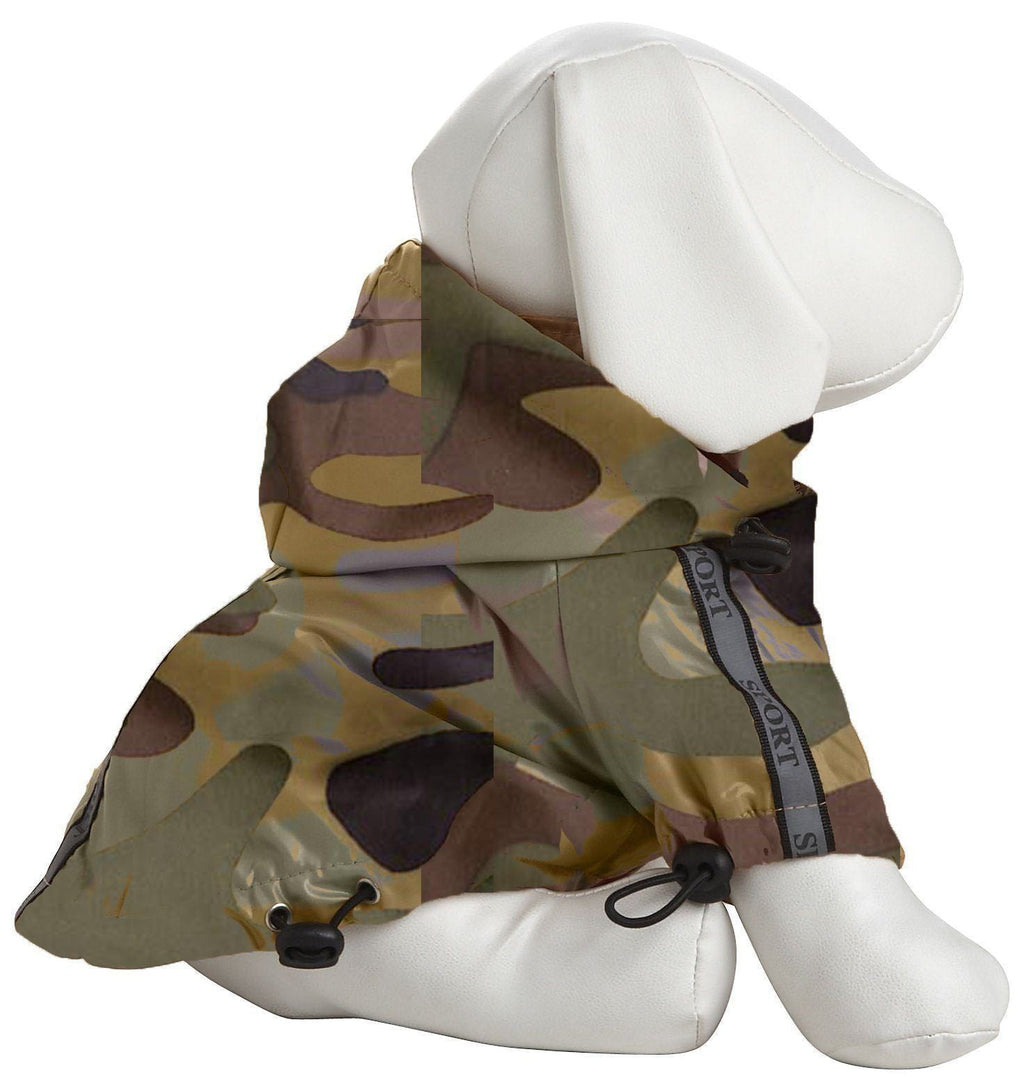 Forest camouflage dog raincoat on mannequin with removable hood and black drawcords