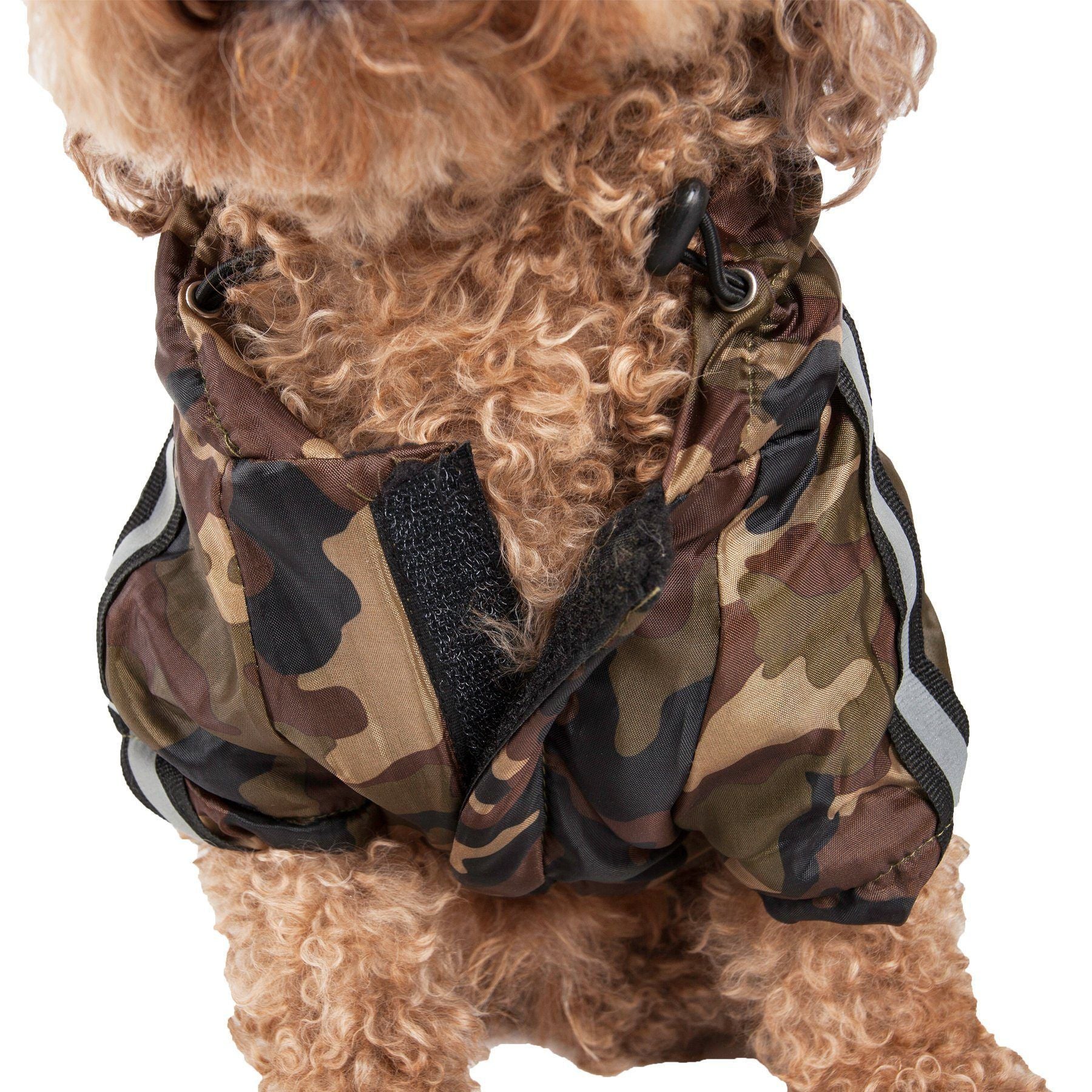 Forest camouflage raincoat close-up with adjustable black drawcord toggles