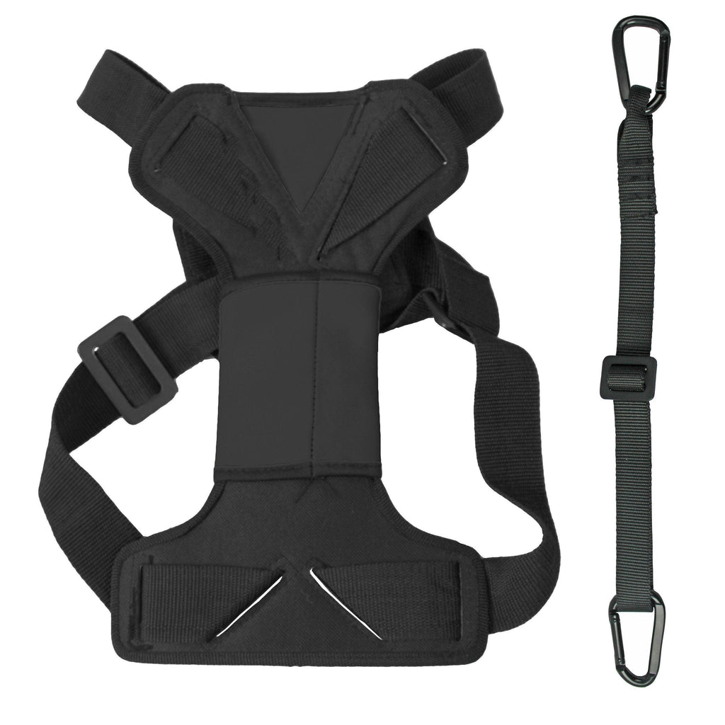 Black dog harness with front chest panel and separate D-ring swivel hook