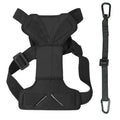 Black dog harness with front chest panel and separate D-ring swivel hook