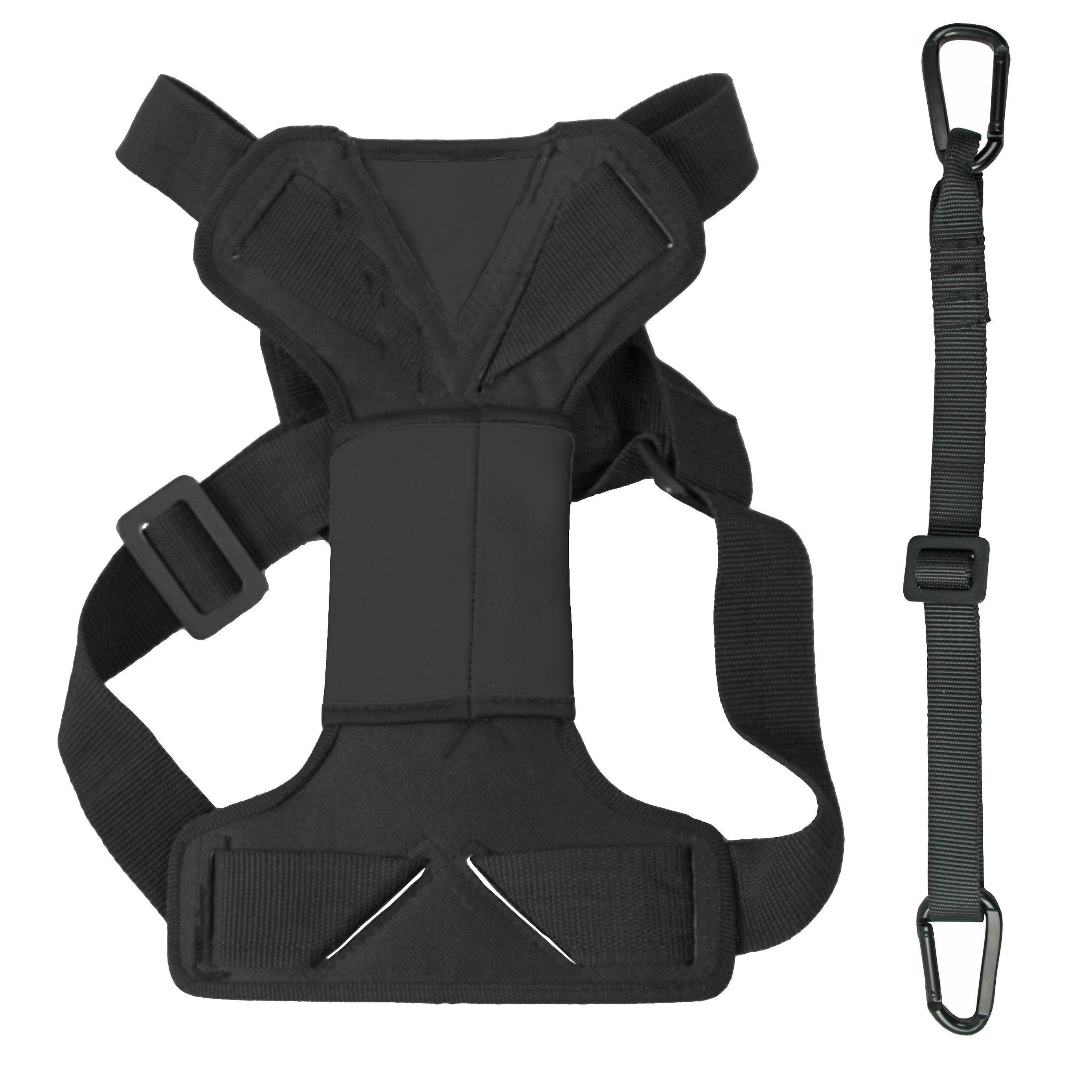 Black dog harness with front chest panel and separate D-ring swivel hook