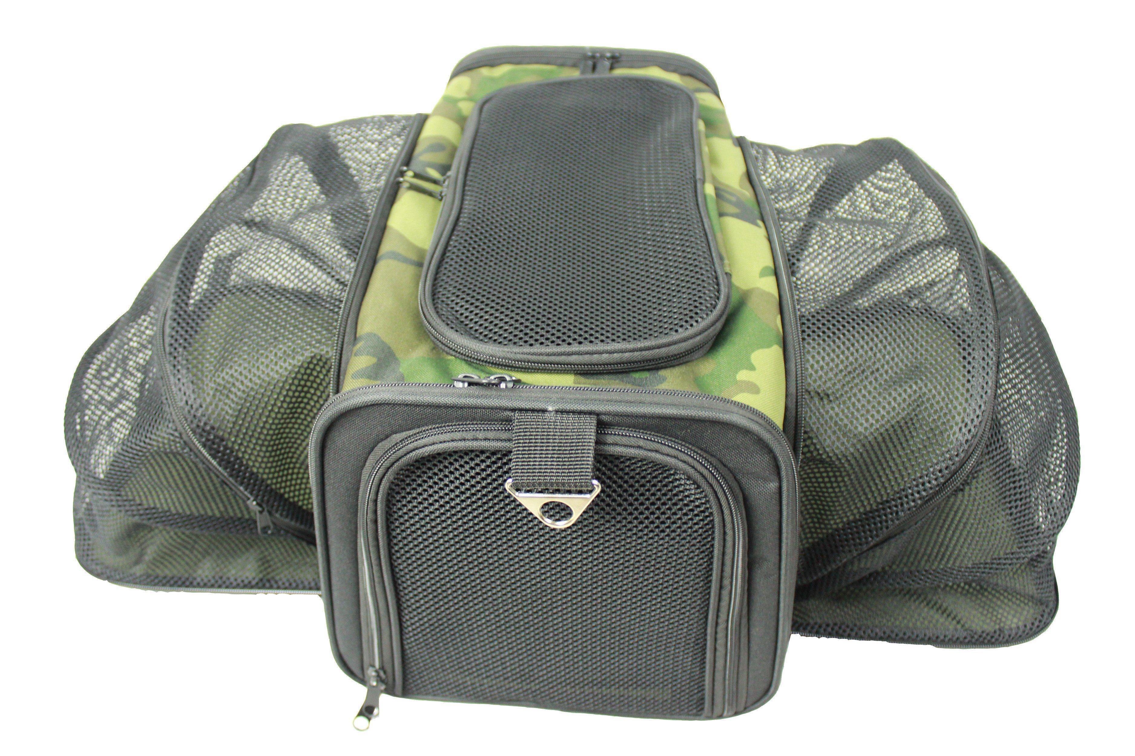 Expandable pet carrier with camouflage mesh sides, front zip pocket, and padded top