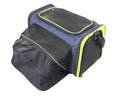 Blue collapsible dog carrier with lime trim, side mesh panels, and top carry handle