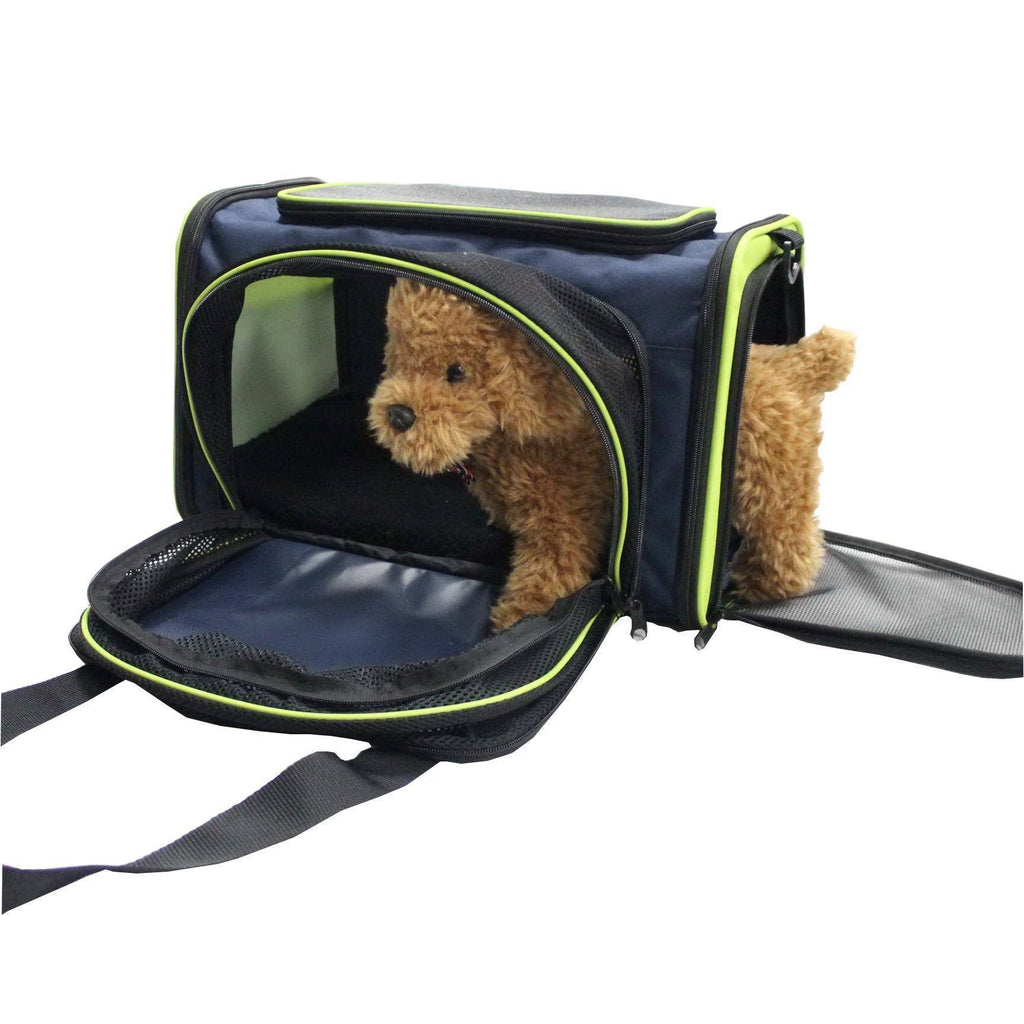 Blue dog carrier with lime trim, open front for access, and fold-out padded base