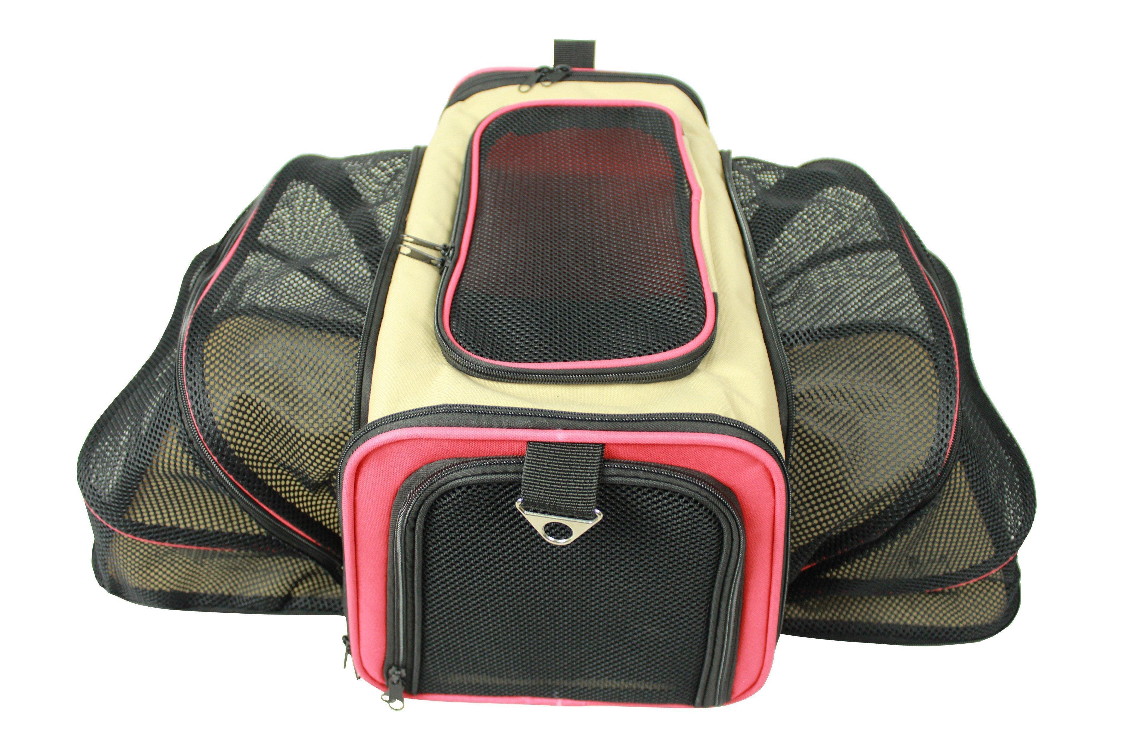 Expandable pet carrier with camouflage mesh sides, top mesh panel, and black zip front