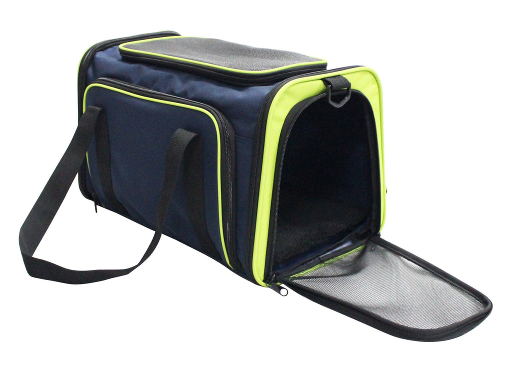 Blue pet carrier with lime trim, side carrying strap, and mesh door on the end