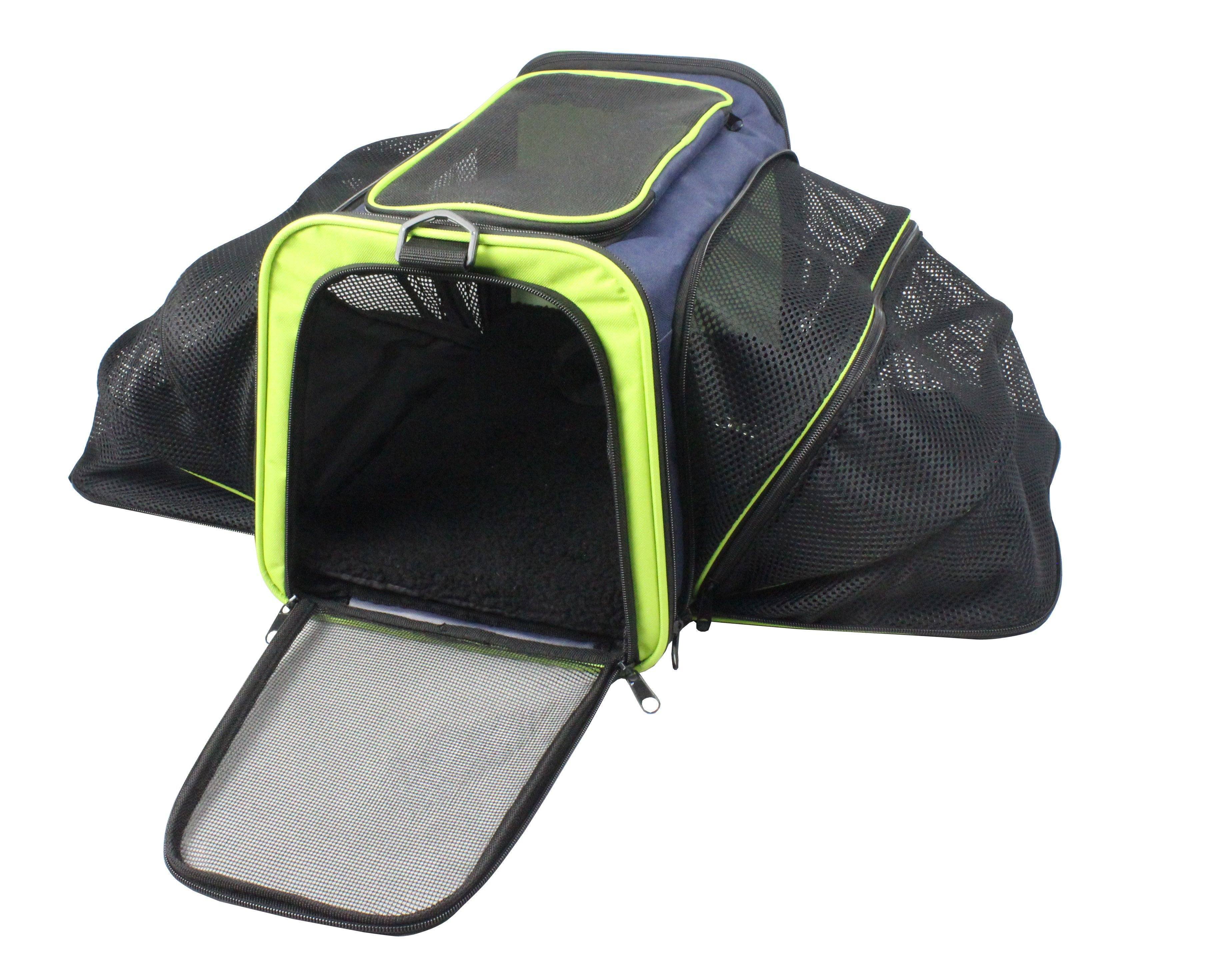 Blue dog carrier with lime trim and open front mesh door with fold-out padded base