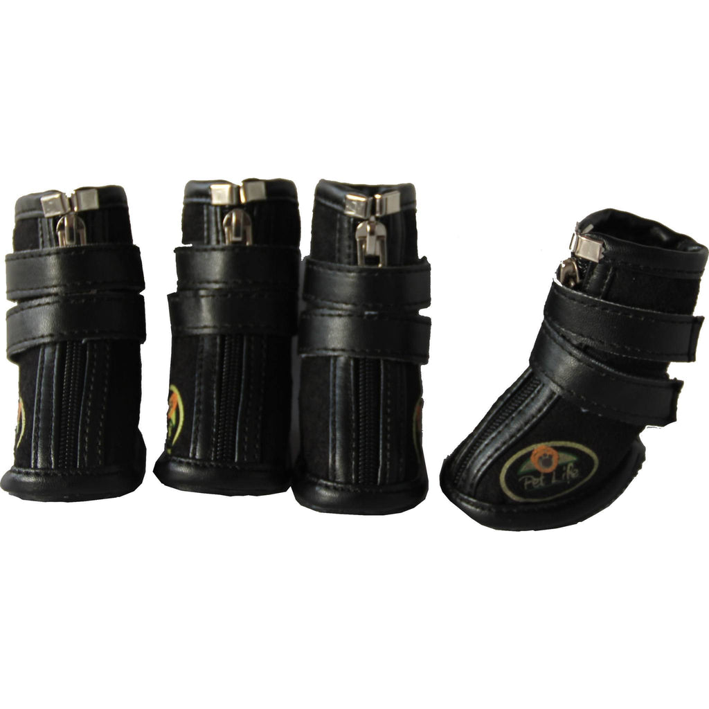 Black high-top dog boots, side/back view with padded cuffs and metal buckle strap