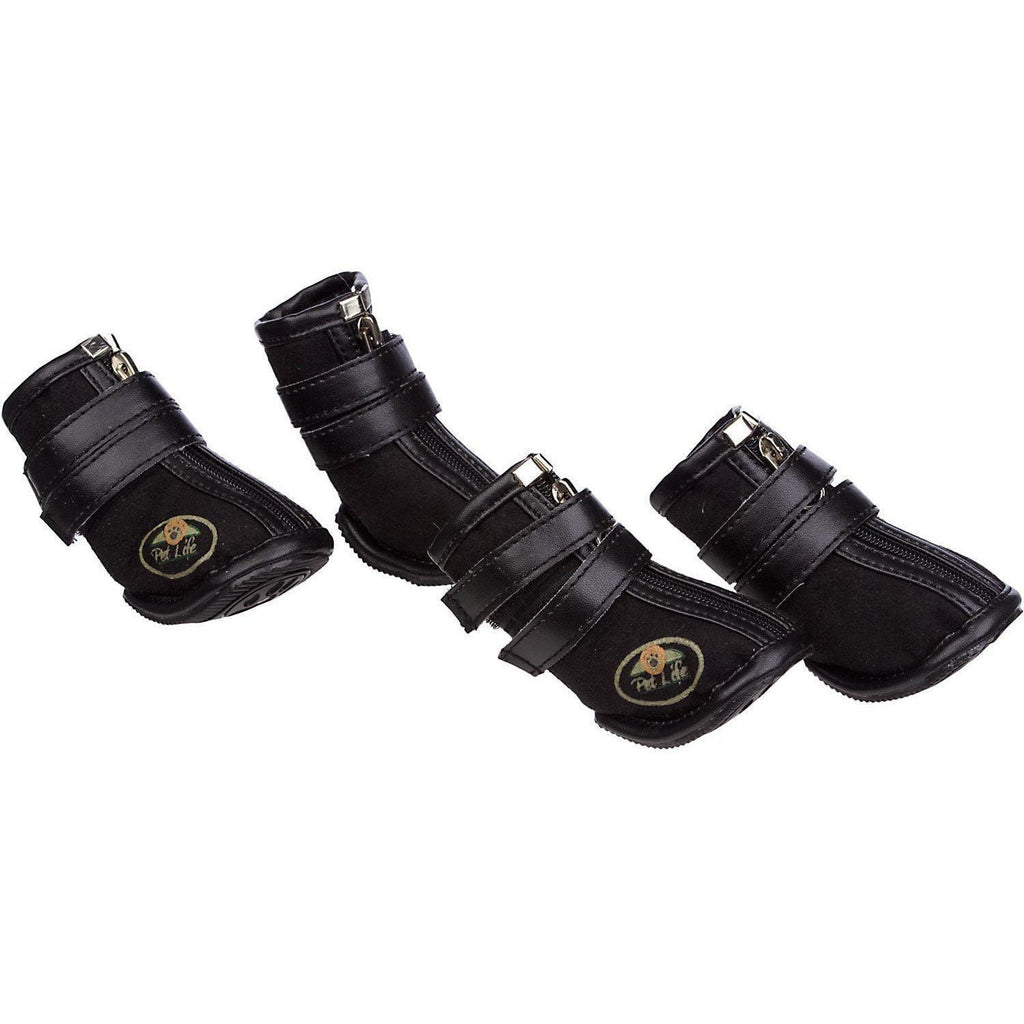 Black high-top dog shoe booties with suede-like upper, double straps and metal buckles