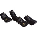 Black high-top dog shoe booties with suede-like upper, double straps and metal buckles