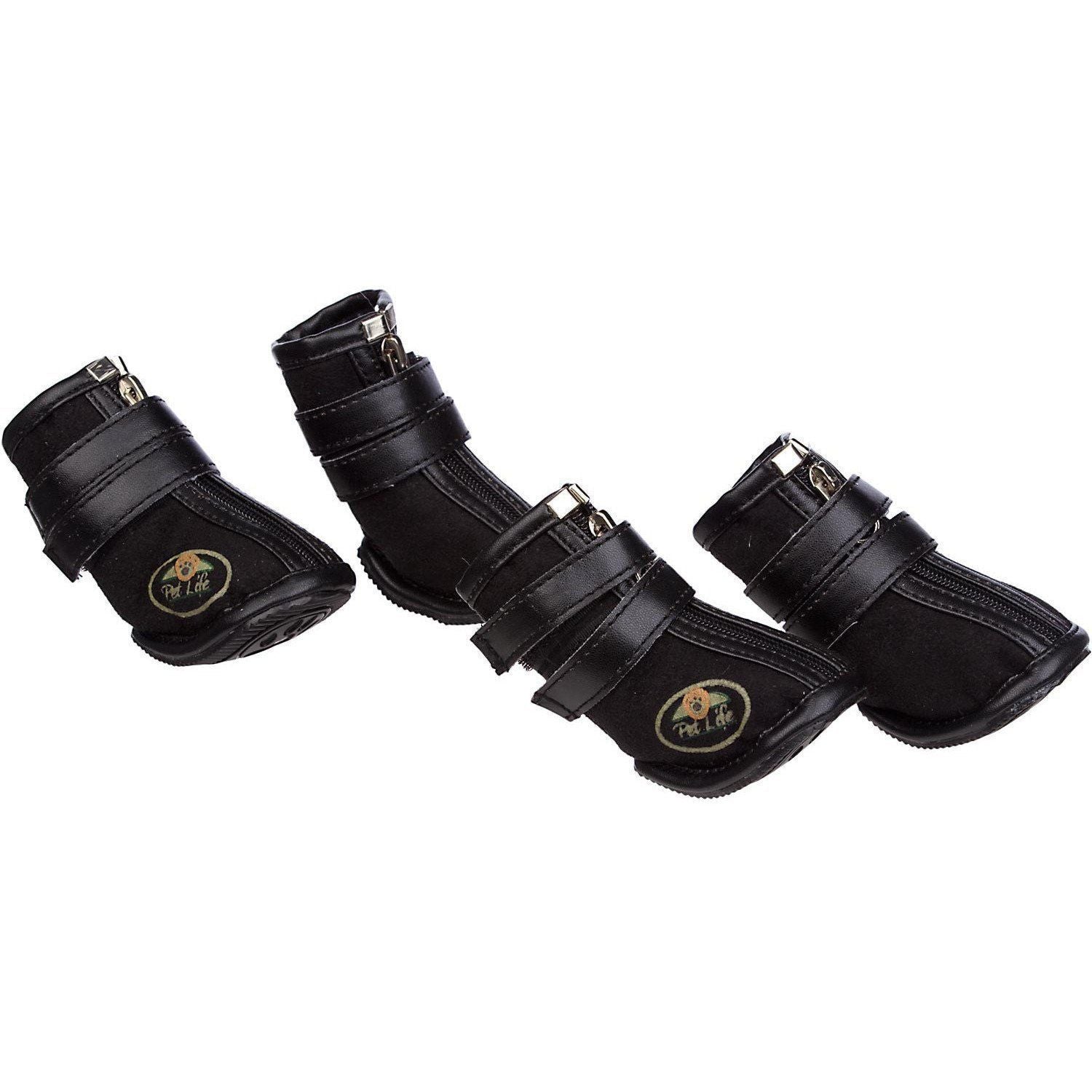 Black high-top dog shoe booties with suede-like upper, double straps and metal buckles