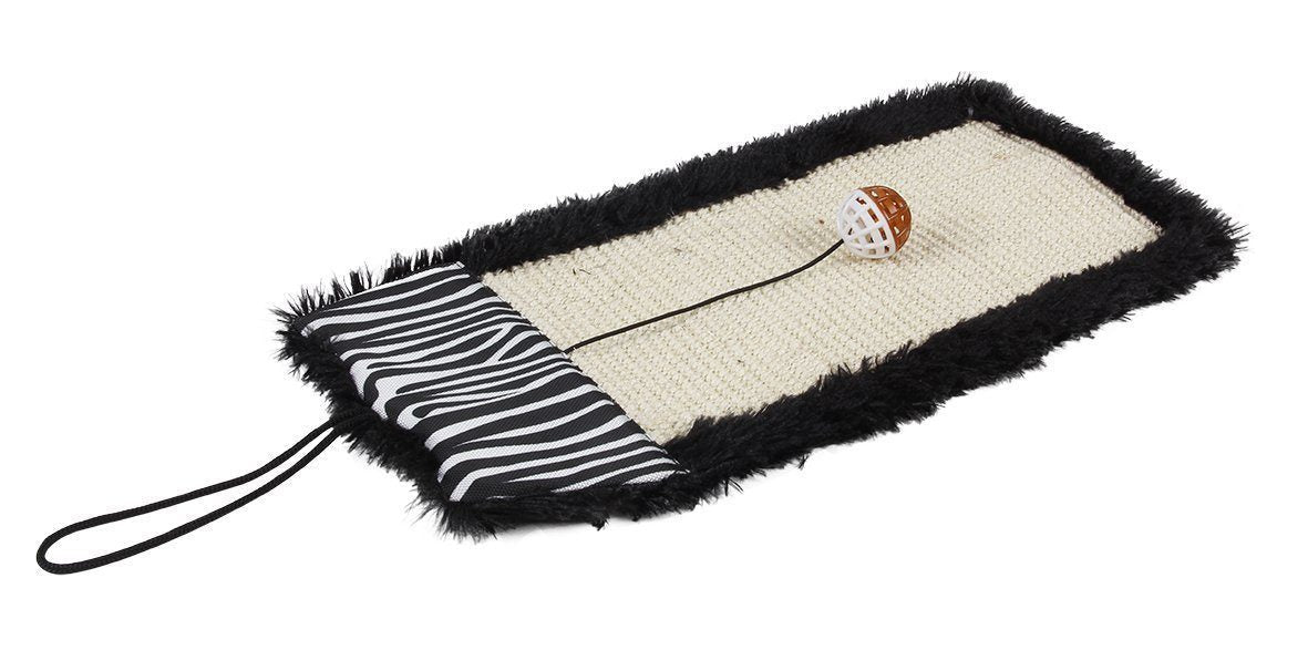 Black sisal and jute hanging carpet cat scratcher with striped fabric insert and cord