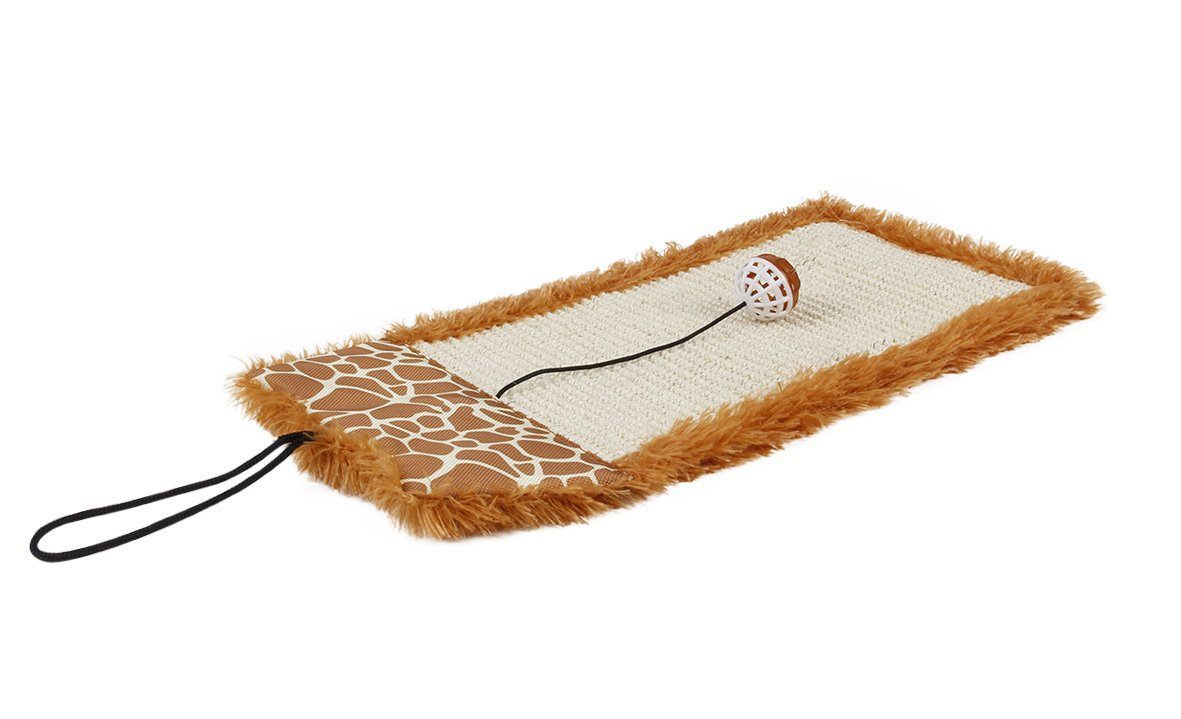 Brown sisal/jute hanging carpet cat scratcher with hanging cord and white pattern patch