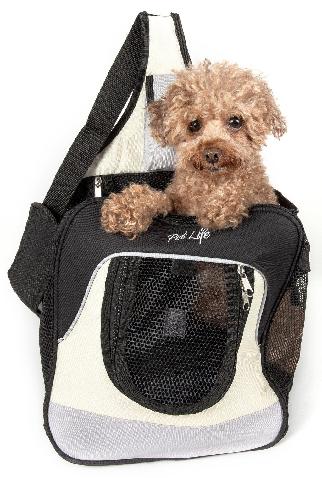 Black and white single-strap pet carrier backpack with front mesh pouch and zip front pocket