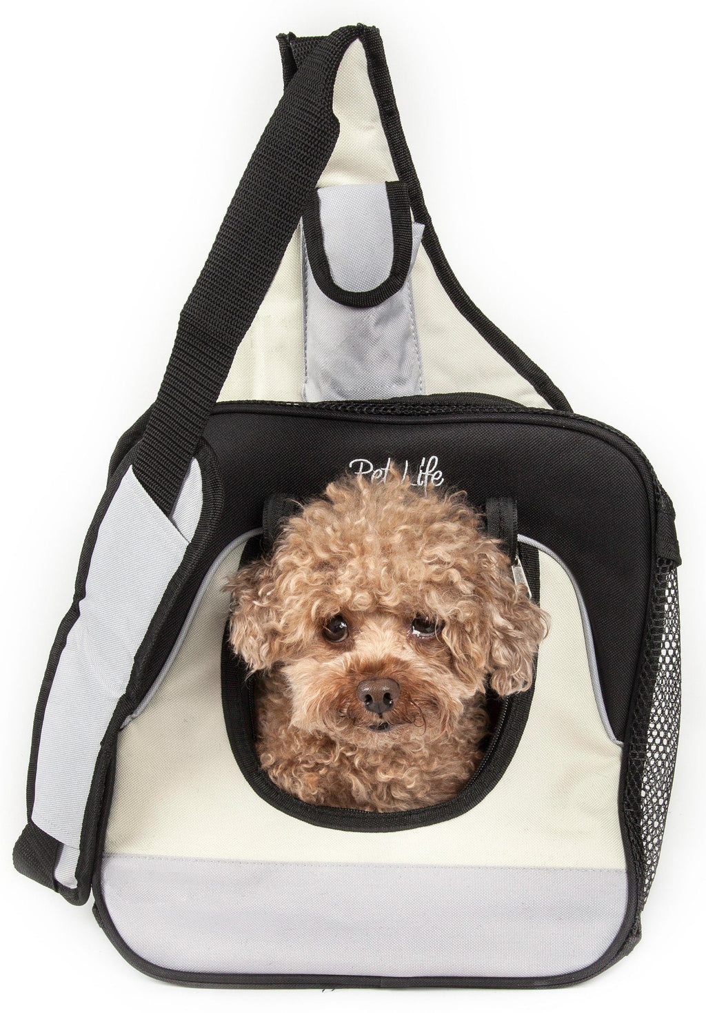 Front view of black and white pet carrier backpack with rounded mesh window for dog