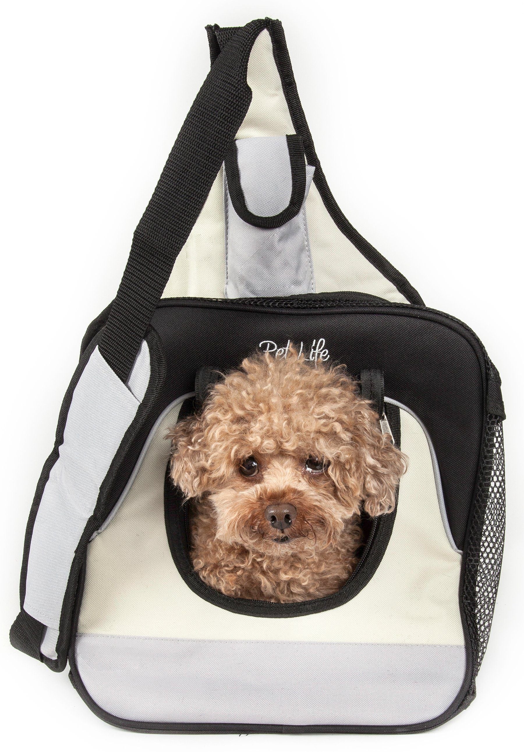 Front view of black and white pet carrier backpack with rounded mesh window for dog