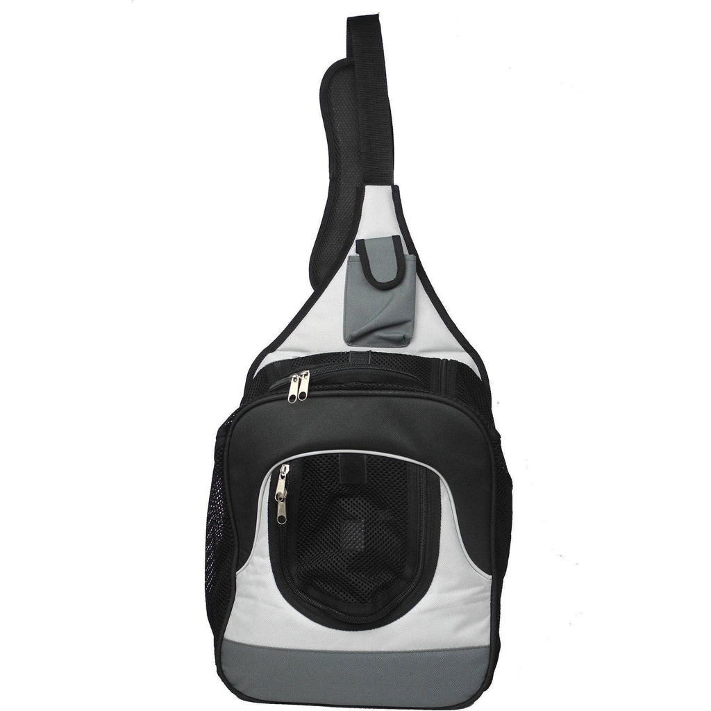 Black and white pet carrier backpack with front mesh window and adjustable over-the-shoulder strap