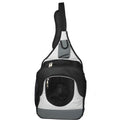 Black and white pet carrier backpack with front mesh window and adjustable over-the-shoulder strap