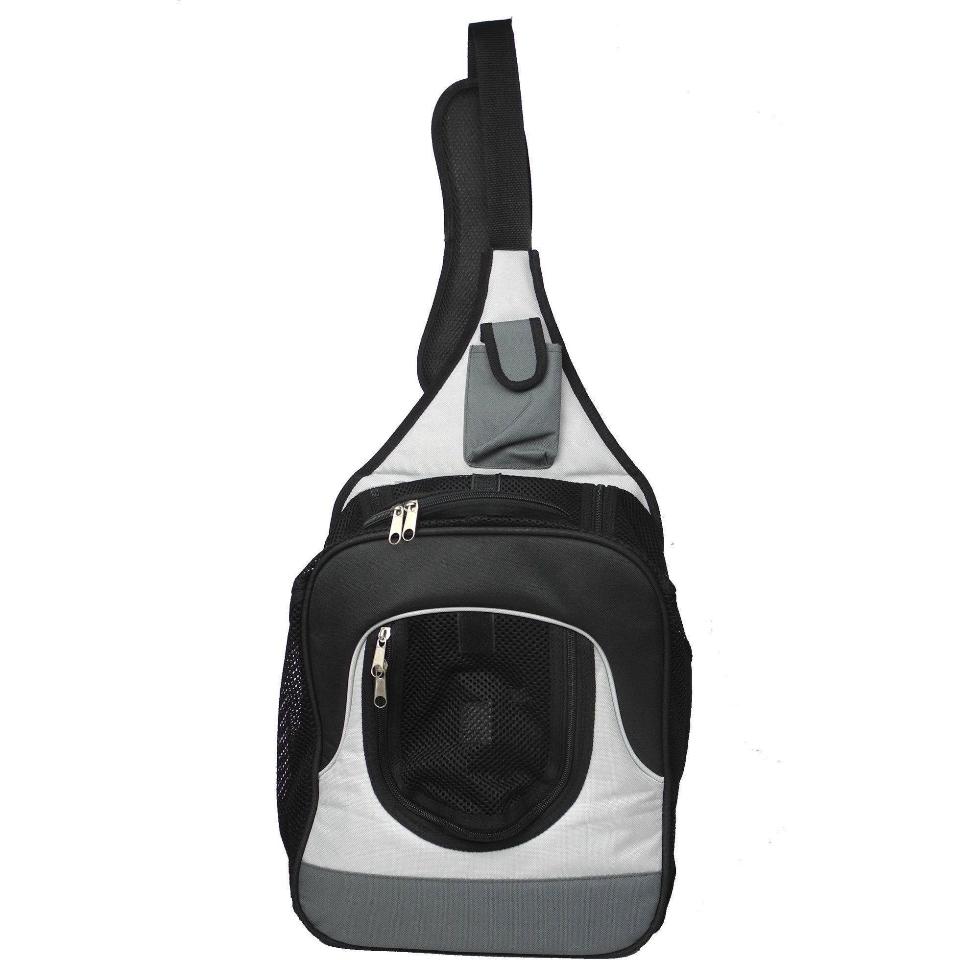 Black and white pet carrier backpack with front mesh window and adjustable over-the-shoulder strap