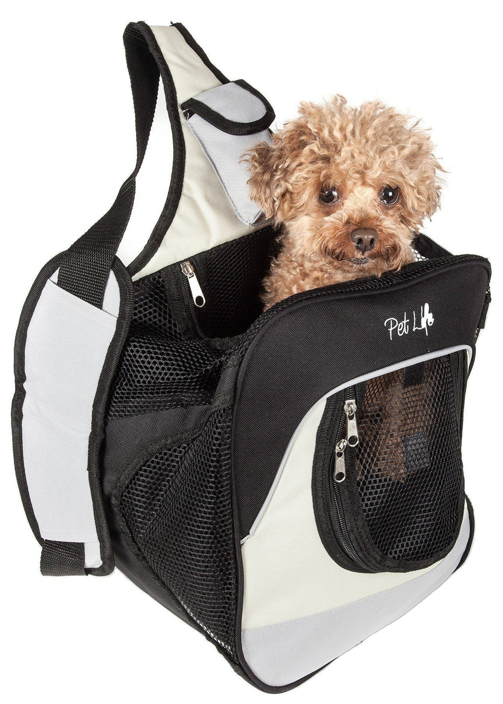 Black and white pet over-the-shoulder carrier backpack with mesh front window and zippers